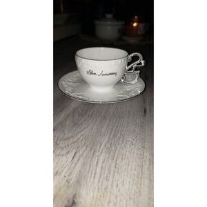 Vintage 1983 Enesco Silver Anniversary Wishes Tea Cup and Saucer Set